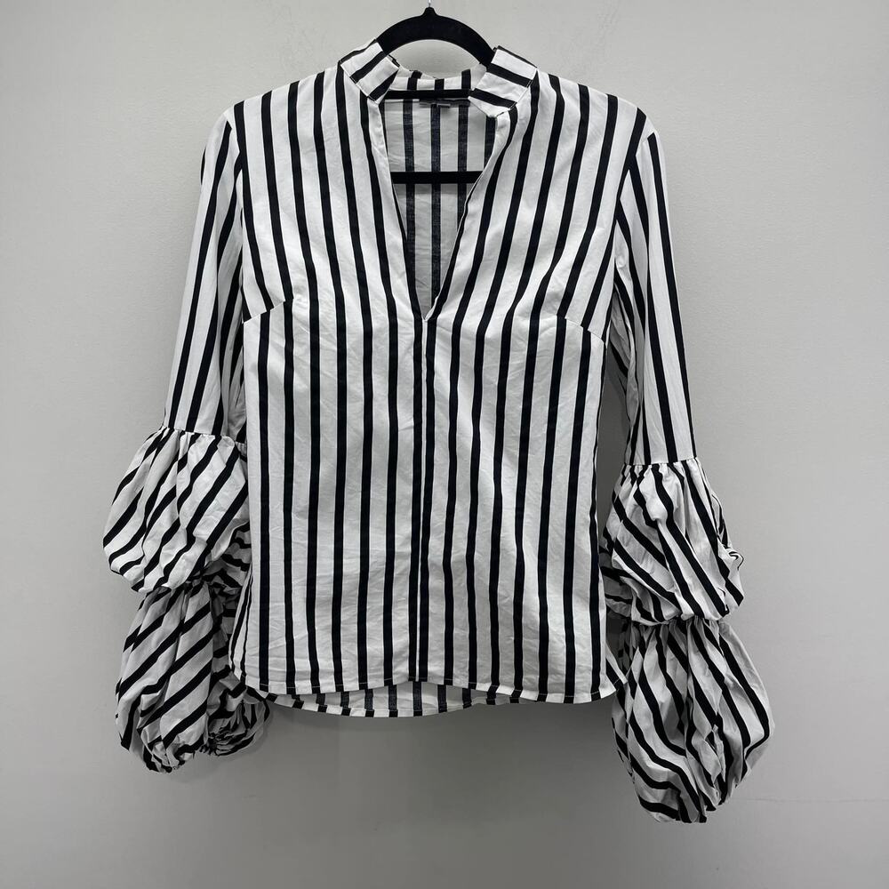 Greysn Black White Stripe Side Zipper Puff Balloon‎ Sleeve Blouse